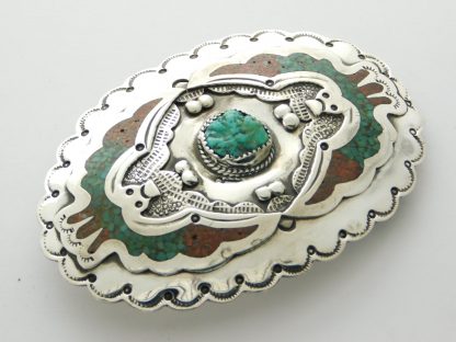 B. James HMIJ (Hand Made Indian Jewelry) Sterling Silver and Chip Inlay Belt Buckle