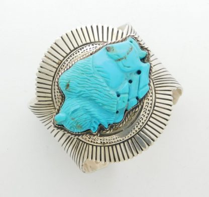Southwest Carved Turquoise Buffalo Sterling Silver Bracelet