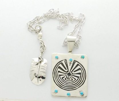 James Fendenheim Tohono O'odham Sterling Silver Man-In-The- Maze Pendant with Sleeping Beauty Turquoise Accents