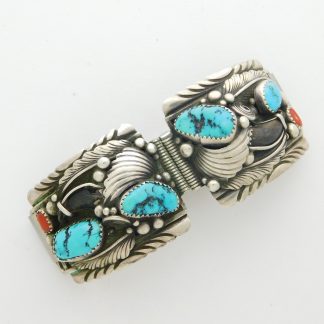 Jackie Singer Navajo Turquoise, Coral, Claw, and Sterling Silver Watchband