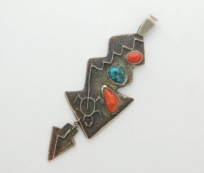 JOHN HORNBECK (Anglo) Tufa Cast Sterling Silver, Coral and Turquoise Arrow Pendant