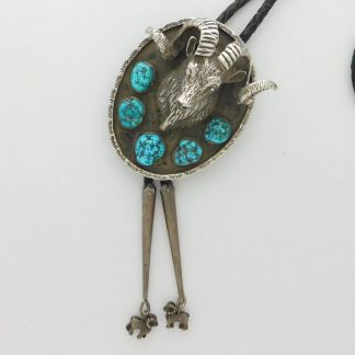 JDC SIGNED Navajo Ram and Kingman Turquoise Sterling Silver Bolo Tie