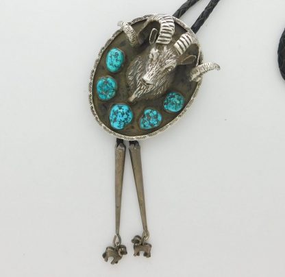 JDC SIGNED Navajo Ram and Kingman Turquoise Sterling Silver Bolo Tie