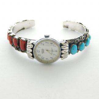 Virginia C Navajo Coral and Turquoise Sterling Silver Watchband