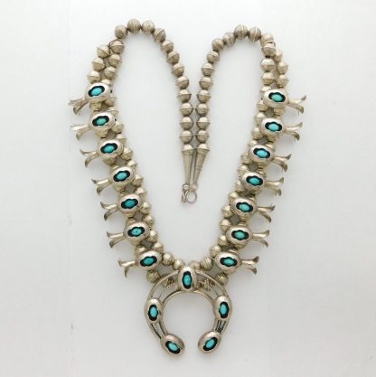 RAY BEGAY Navajo Sterling Silver and Sleeping Beauty Turquoise Squash Blossom Necklace