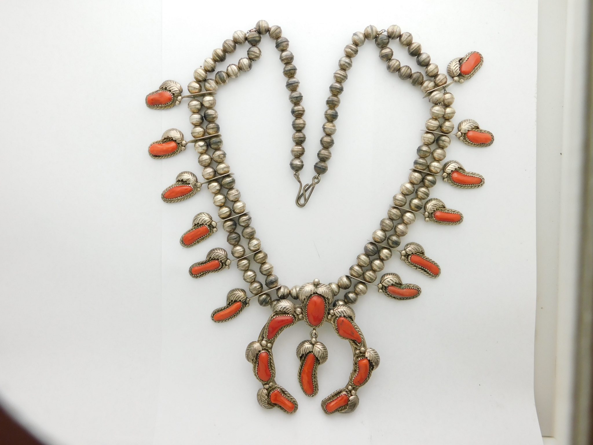 Navajo Mediterranean Coral and Sterling Silver Squash Blossom Necklace