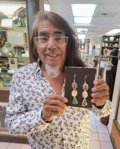 JAMES FENDENHEIM Tohono O'odham Silversmith with No. 8 Turquoise and Sterling Silver 3-Stack Disc Earrings