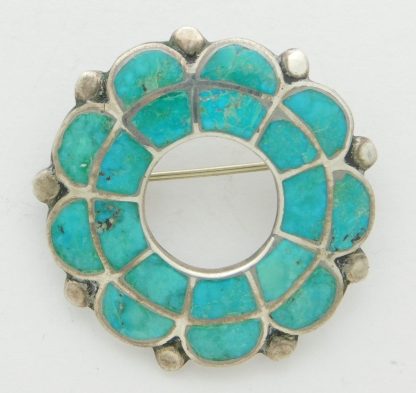 Blue Gem Turquoise Inlay Zuni Sterling Silver Pin
