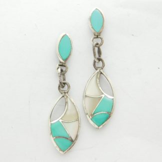 FRANCIS LEEKYA Zuni Turquoise and Mother of Pearl Inlay Sterling Silver Earrings