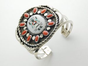 MS signed Navajo Kachina Sterling Silver and Coral Bracelet