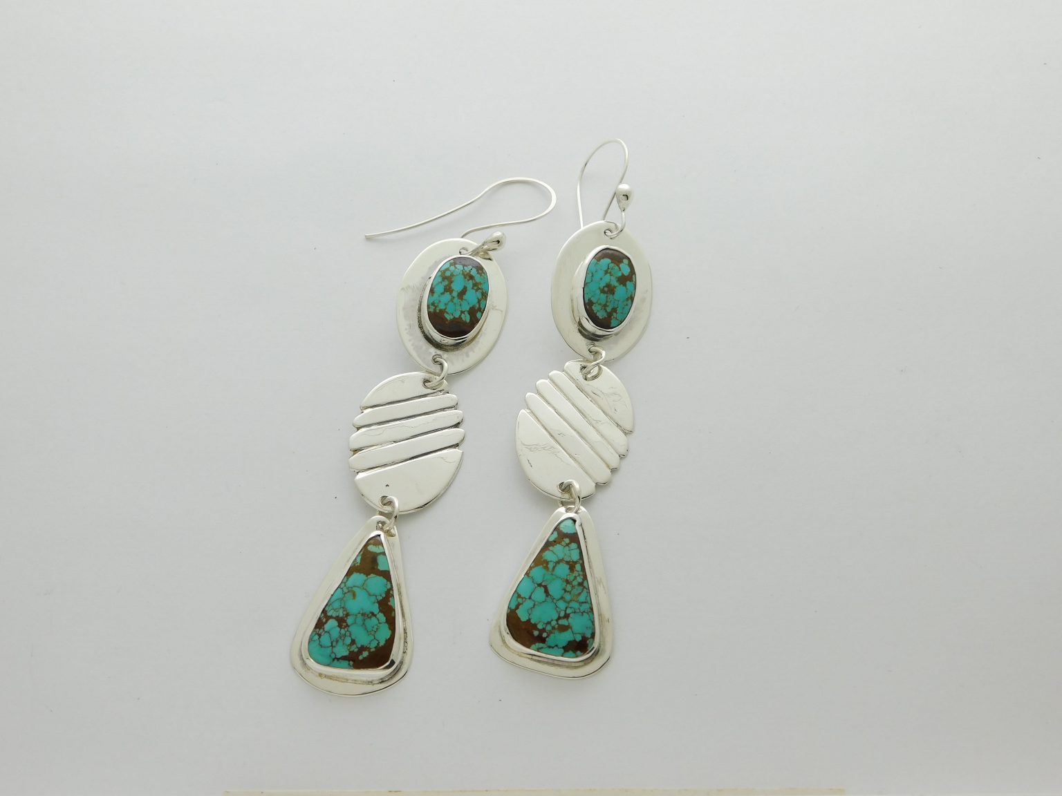 JAMES FENDENHEIM Tohono O'odham No. 8 Turquoise and Sterling Silver 3-Stack Disc Earrings