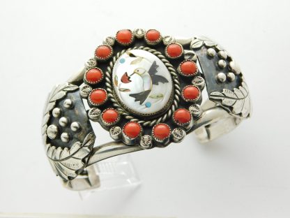 LEROY DAYEA Navajo Coral and Sterling Silver Bracelet with Zuni Inlay Hummingbird Center