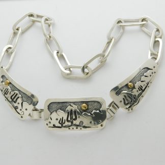 James Fendenheim Tohono O'odham 3 panel Sterling Silver and 14 kt. Gold Necklace