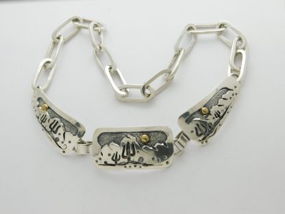 James Fendenheim Tohono O'odham 3 panel Sterling Silver and 14 kt. Gold Necklace
