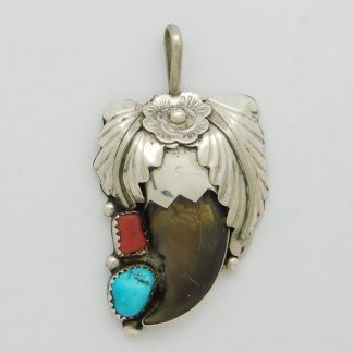 BE signed Navajo Bear claw, Sterling, Turquoise and Coral Pendant