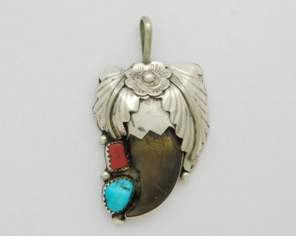 BE signed Navajo Bear claw, Sterling, Turquoise and Coral Pendant
