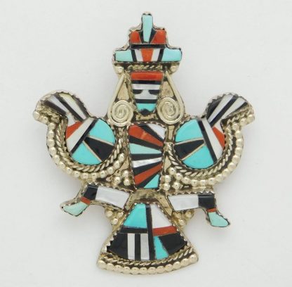 HERBERT & ESTER CELLICION Zuni Knifewing Sterling Silver and Inlay Stone Pendant / Pin