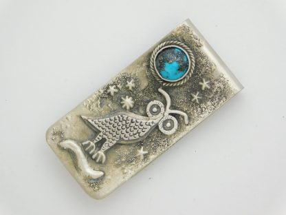 Tony Chino Acoma Pueblo Owl Sterling and Turquoise Money Clip