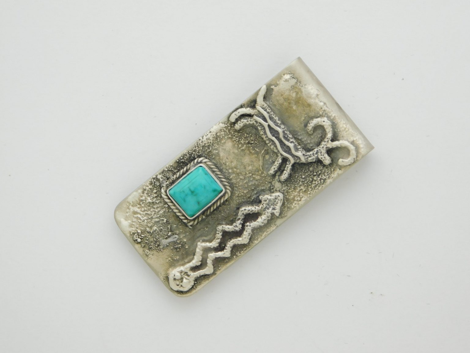 TONY CHINO Acoma Pueblo Antelope and Snake Sterling Silver and Turquoise Money Clip