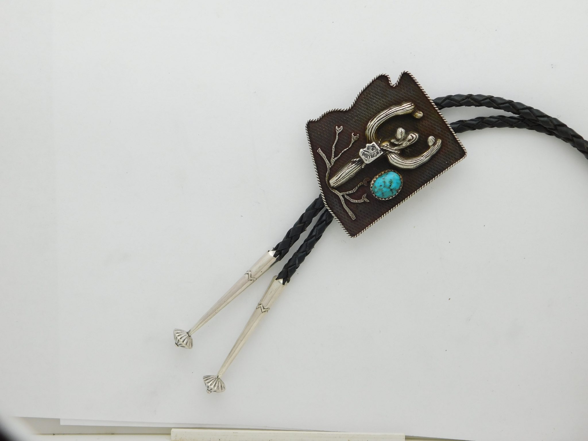 BOLA BILL (R) Arizona State Profile and Saguaro Cactus Sterling Silver and Turquoise Bolo Tie
