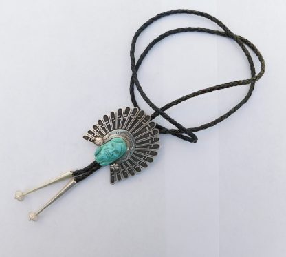 CARVED TURQUOISE Native American Indian Head Sterling Silver Bolo Tie