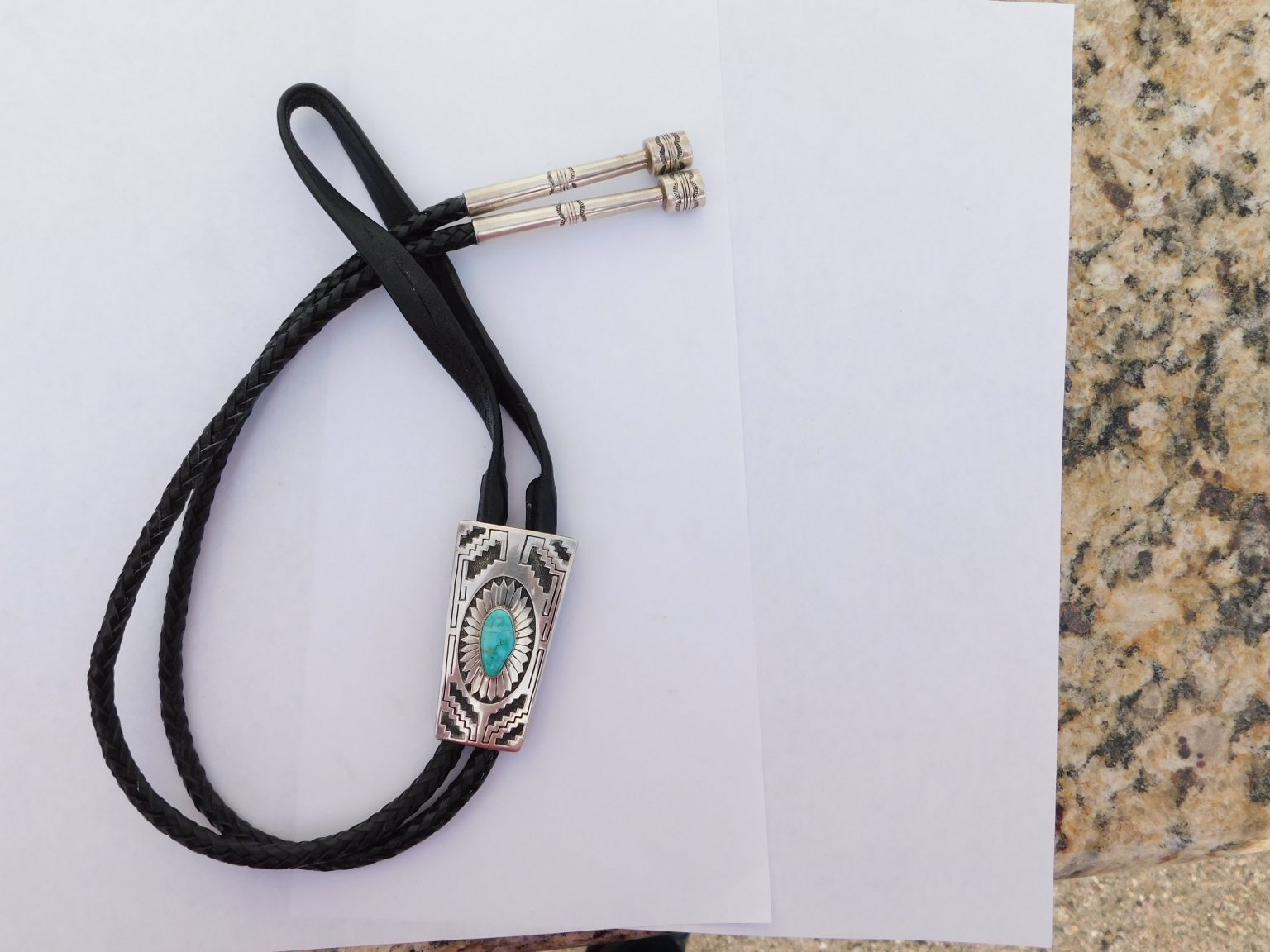 ALLAN McCABE Navajo Sterling Silver and Turquoise Bolo Tie with custom Sterling Silver Tips