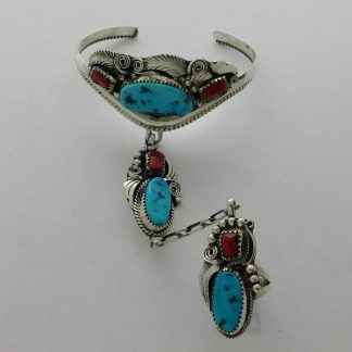 Justin Morris Navajo Turquoise, Coral and Sterling Slave Bracelet