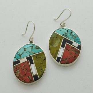 Mary Coriz Aguilar Santo Domingo Turquoise, Spiny Oyster, Mother of Pearl, and Jet Oval Earrings