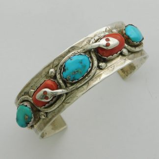 Effie Calavaza Zuni Coral and Turquoise Sterling Silver Snake Bracelet