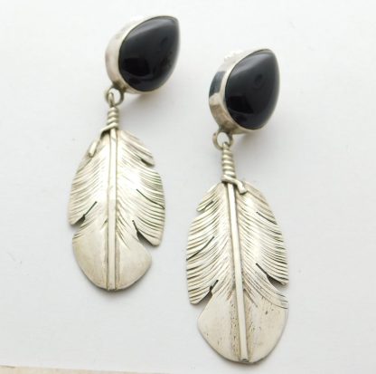Ben Begaye Navajo Onyx and Sterling Silver Feather Earrings