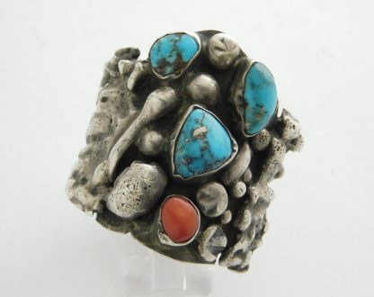 NAVAJO Organic Sterling Silver Ring with Turquoise and Coral Sz. 11-1/2