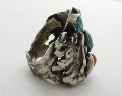 Side view of NAVAJO Organic Sterling Silver Ring with Turquoise and Coral Sz. 11-1/2