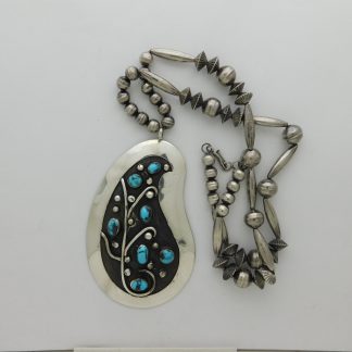 Joe Begay Navajo Sterling Silver and Persian Turquoise Paisley Shape Pendant and Sterling Silver Mixed Beads