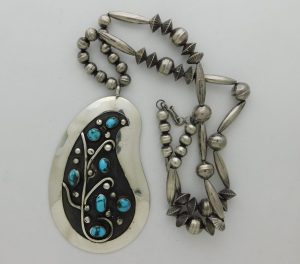 Joe Begay Navajo Sterling Silver and Persian Turquoise Paisley Shape Pendant and Sterling Silver Mixed Beads