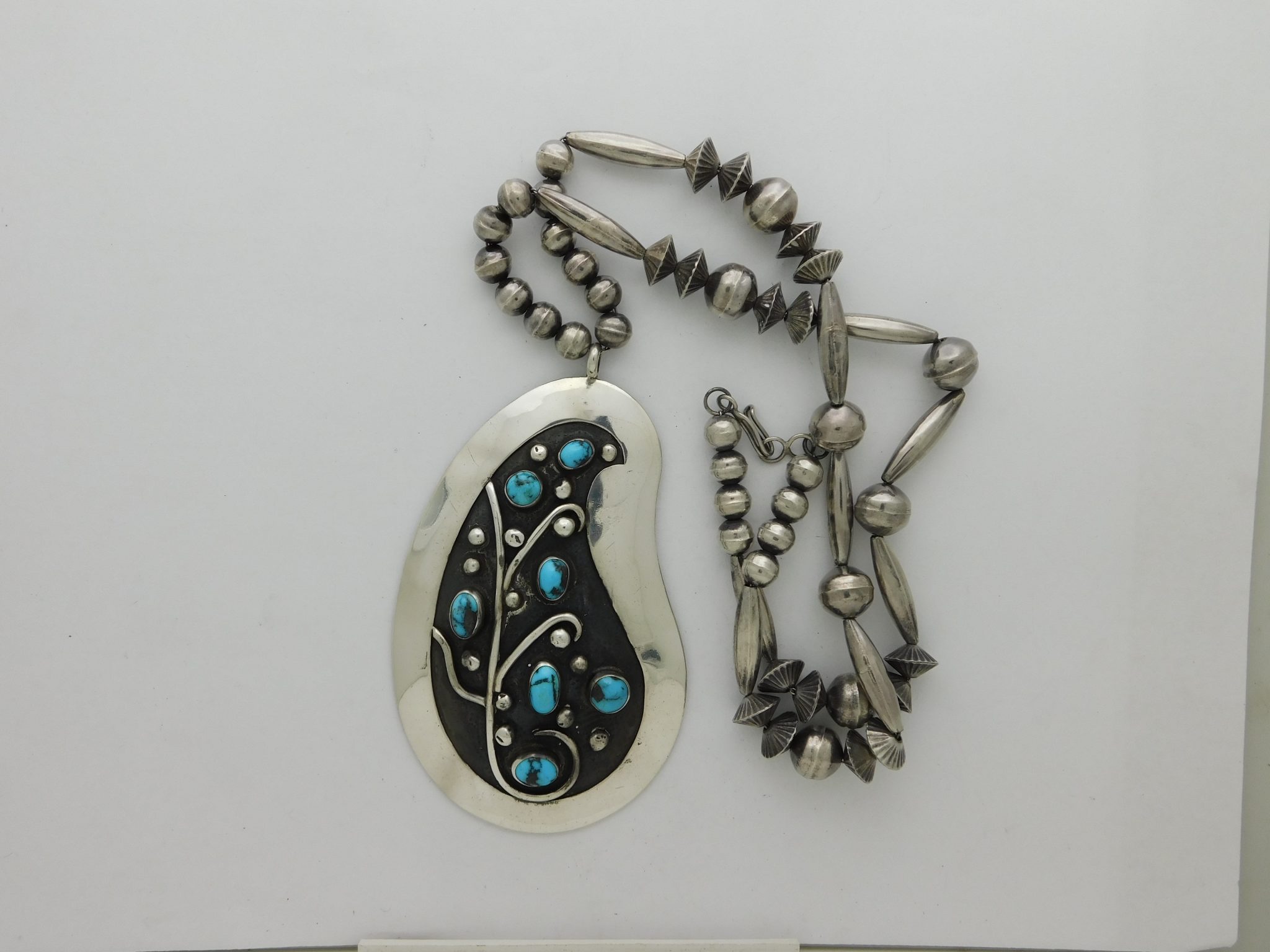 Joe Begay Navajo Sterling Silver and Persian Turquoise Paisley Shape Pendant and Sterling Silver Mixed Beads