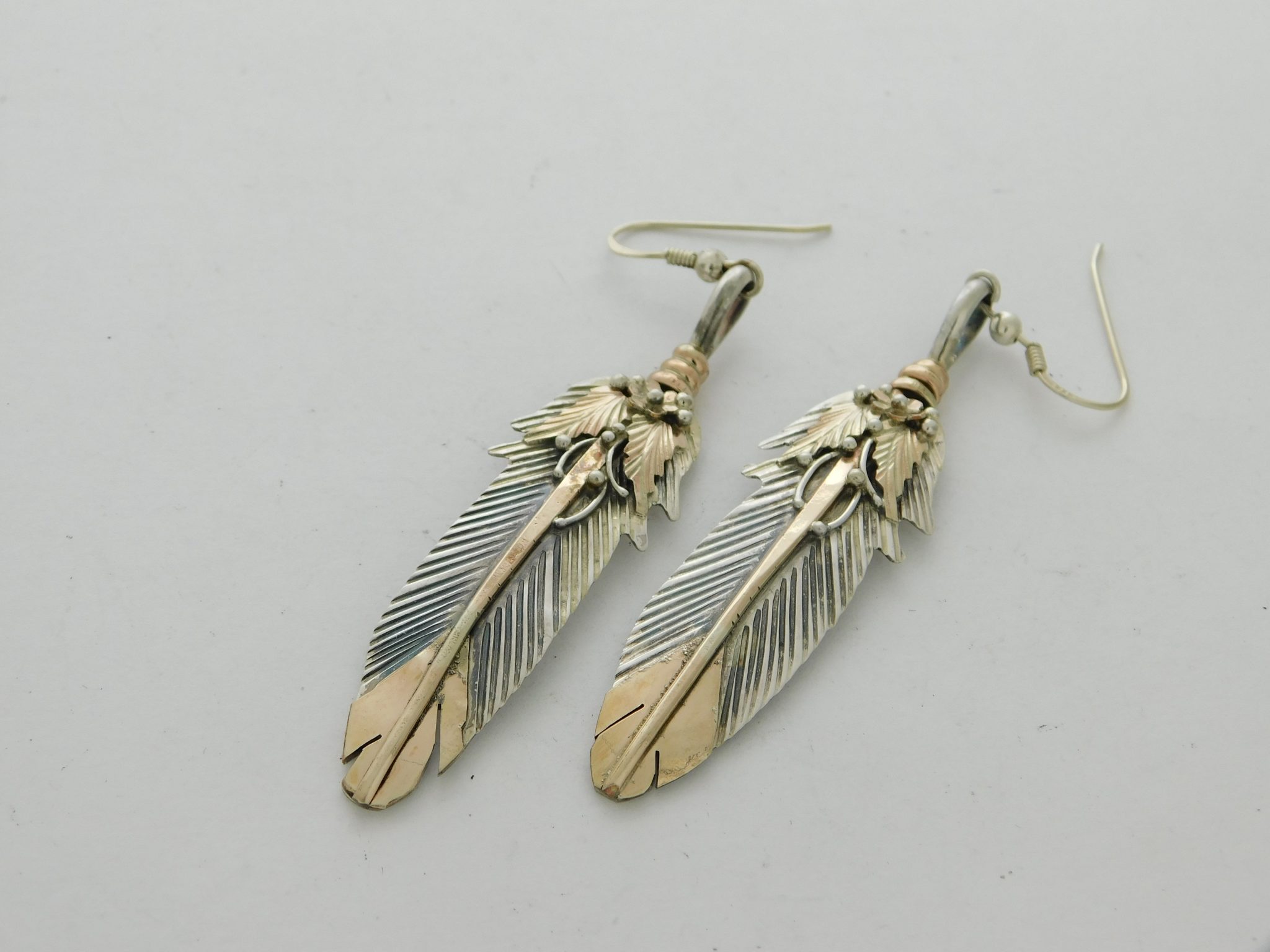 Native American Sterling Silver Two Feathers Drop Earrings - Ruby Lane