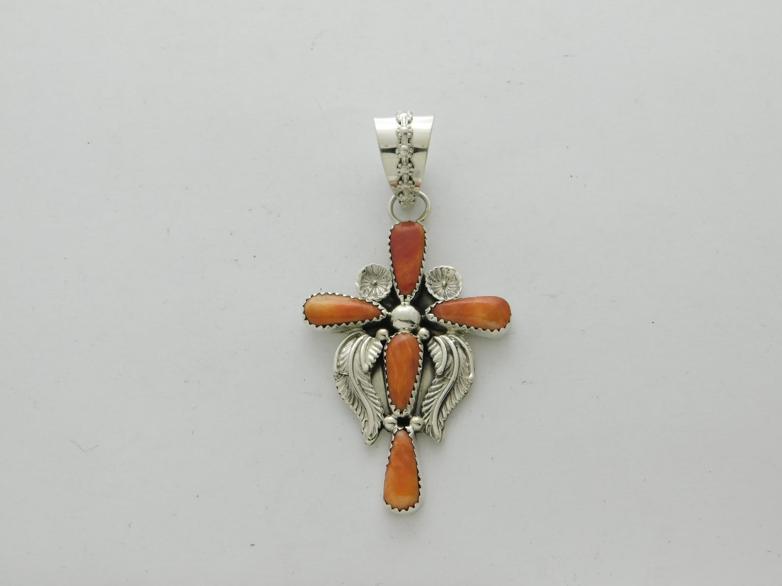 Fred Gorman Jr. Navajo Spiny Oyster and Sterling Silver Cross Pendant