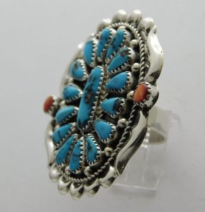 Fred Gorman Jr. Navajo Turquoise, Spiny Oyster, and Sterling Silver Adjustable Ring
