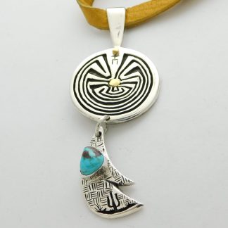 James Fendenheim Tohono O'odham Sterling Silver and 24 kt. Gold Man-in-the-Maze Pendant with Bisbee Turquoise Accent