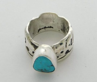 Top view of James Fendenheim Tohono O'odham Bisbee Turquoise and Sterling Silver Ring