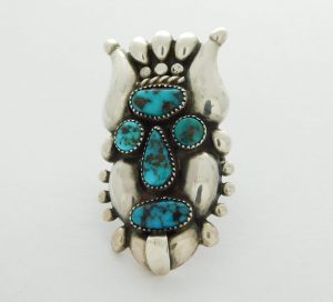 Frank Patania Sr. Persian Turquoise and Sterling Silver Hopi Mask Ring