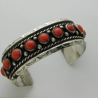 NAVAJO Stamped Sterling Silver and Mediterranean Coral Bracelet Size 6-3/8