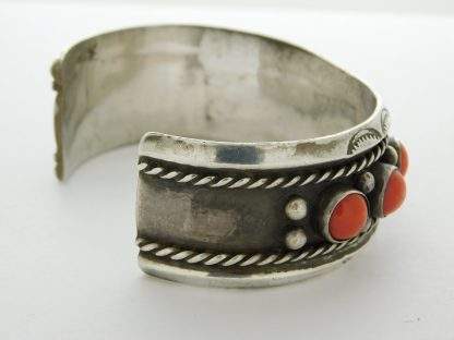 Side view of NAVAJO Stamped Sterling Silver and Mediterranean Coral Bracelet Size 6-3/8