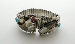 James Toadlena Navajo Bear Claw, Turquoise, and Coral Watchband