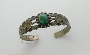 Fred Harvey Cerrillos Turquoise Sterling Silver Thunderbird and Arrow Bracelet