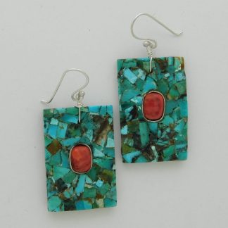 Mary Coriz Aguilar Santo Domingo Spiny Oyster and Turquoise Rectangle Earrings