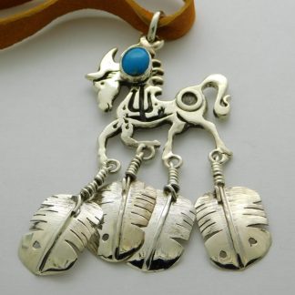 James Fendenheim Tohono O'odham Sterling Silver and Kingman Turquoise Papago Pony with 4 Feathers