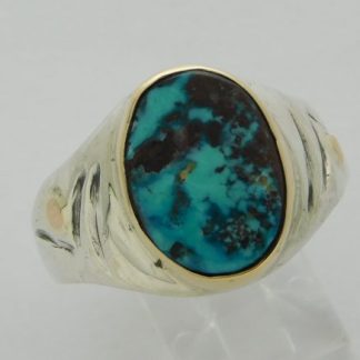 ORVILLE TSINNIE Navajo BISBEE TURQUOISE, 14kt. Gold, and Sterling Silver Ring Size 11-1/2