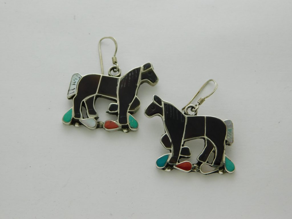 CARLENE C. LEEKITY Zuni Stone Inlay and Sterling Silver Horse Earrings