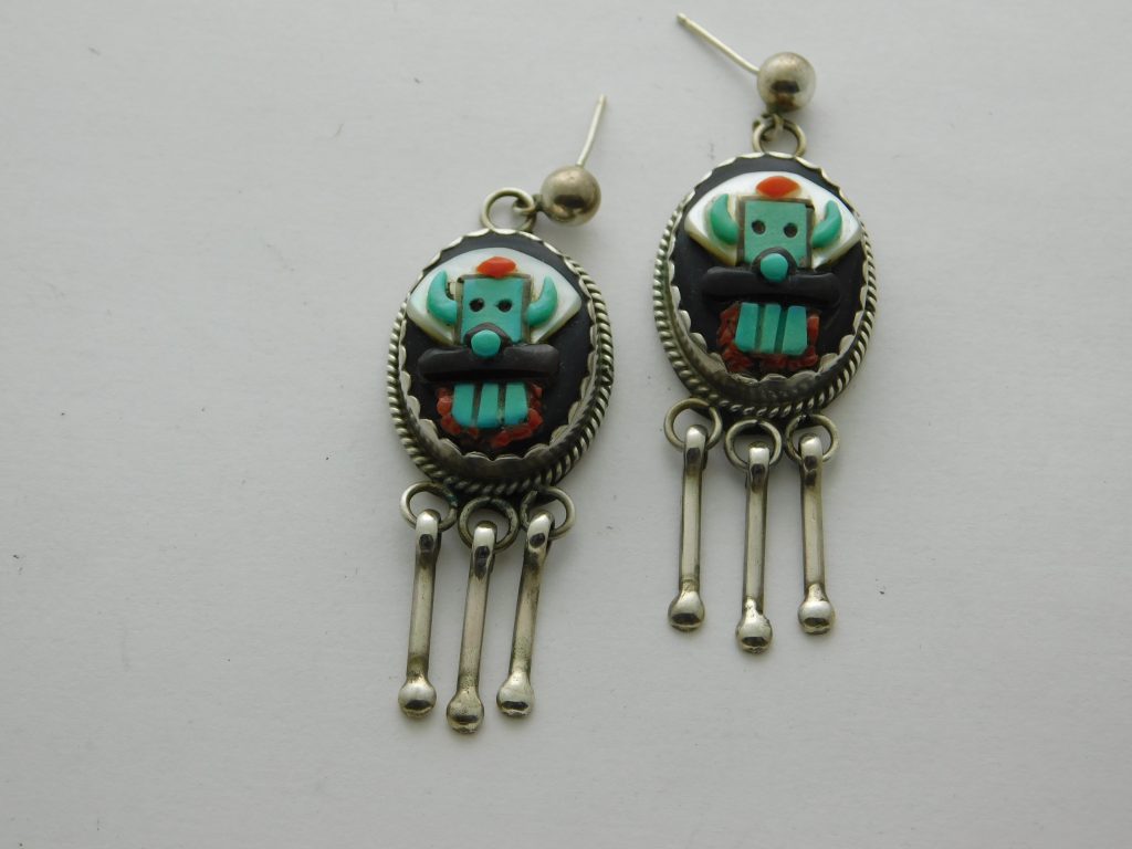 BEV ETSATE Zuni Stone Inlay and Sterling Silver Horned Kachina Earrings